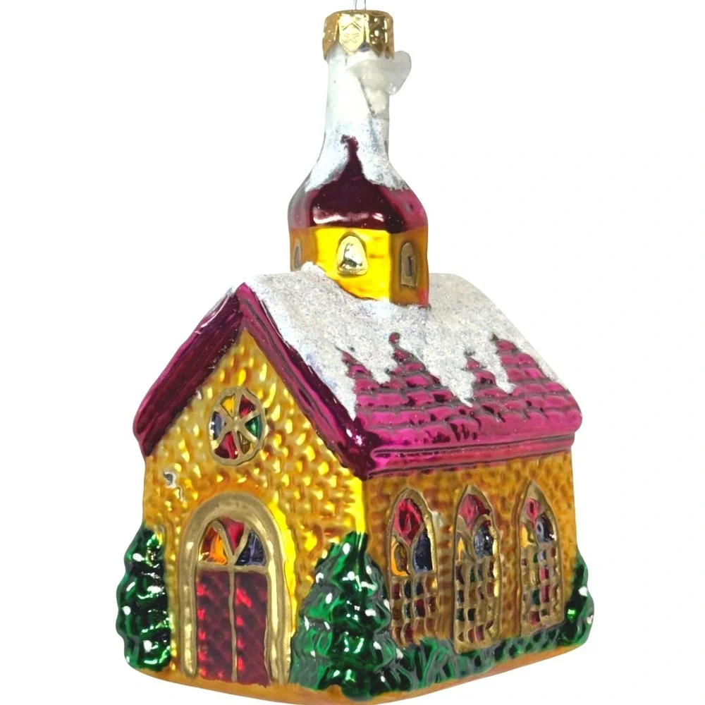 Glass Church Christmas Ornament Glitter Snow‎ Hand Blown Gold Magenta